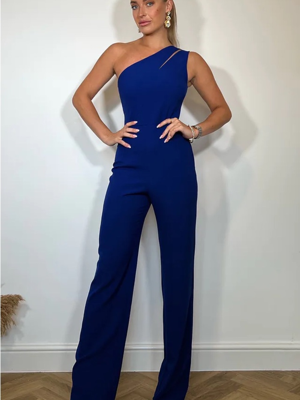Crystal Sky One-Shoulder Cobalt Blue Jumpsuit with Cutout Shoulder